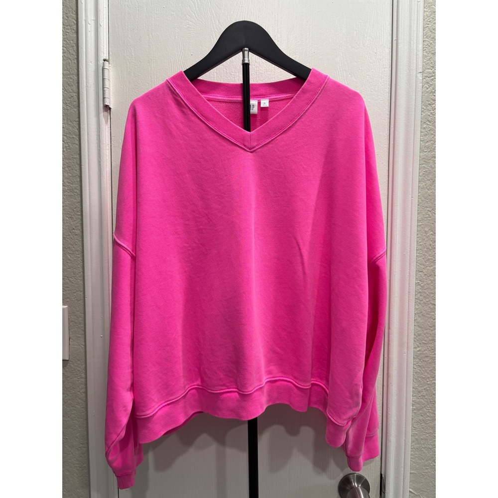 Gap Womens XL Neon Pink V-Neck Sweatshirt Long Sleeve Pullover Relaxed Fit